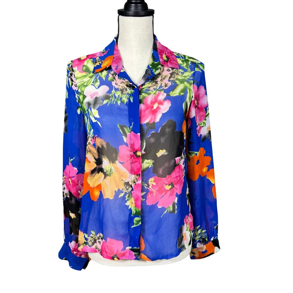 Love Marks Floral Long‎ Sleeve Button Down Blouse Women's XS Sheer Blue